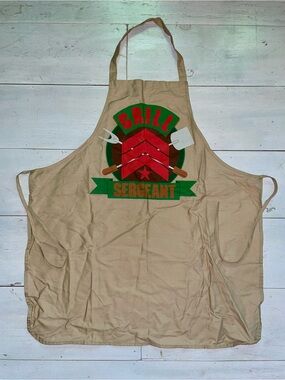Grill Sergeant Tan Apron Red & Green Graphics by Hallmark Made in USA Back Tie